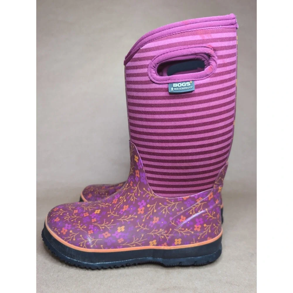 Bogs Youth 5 Winter Boots Pink Orange Stripes Flowers Waterproof Snow Pull On